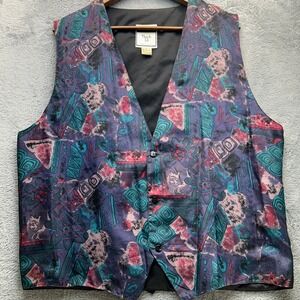 Vintage 100% Silk Abstract Geometric Floral Vest Purple Teal Large Old Money